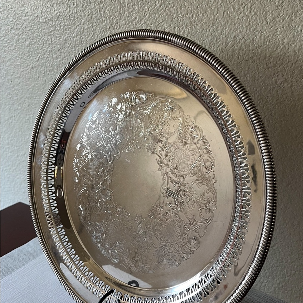 vintage antique WM Rogers, silver plated round tray 12.5”